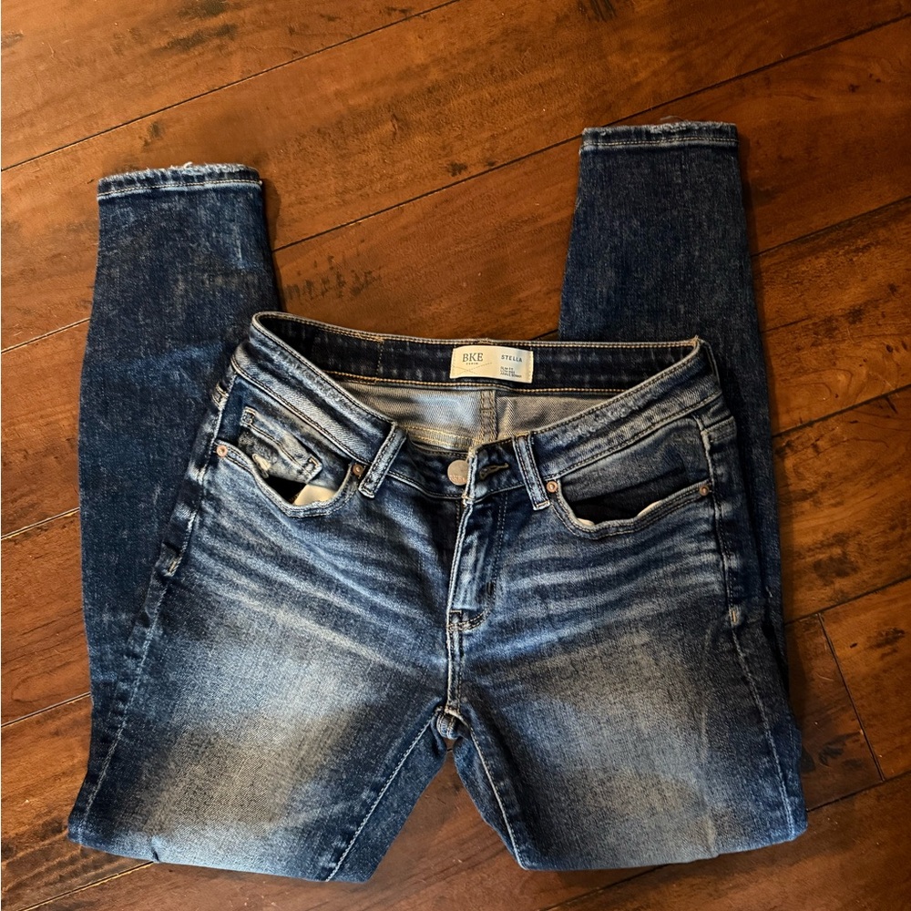 BKE Stella Low Rise Skinny Jeans in Dark Blue Faded Wash